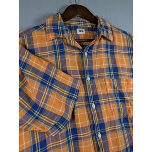 Uniqlo Mens Orange Blue Plaid Short Sleeve Linen Cotton Blend Shirt Size M
